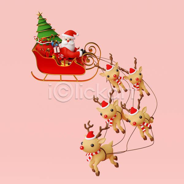 축하 남자 노년 노인남자한명만 한명 3D JPG 포토 해외이미지 겨울 디자인 목도리 분홍색 사슴 산타모자 산타클로스 상반신 순록 승차 썰매 여러마리 잡기 축제 크리스마스