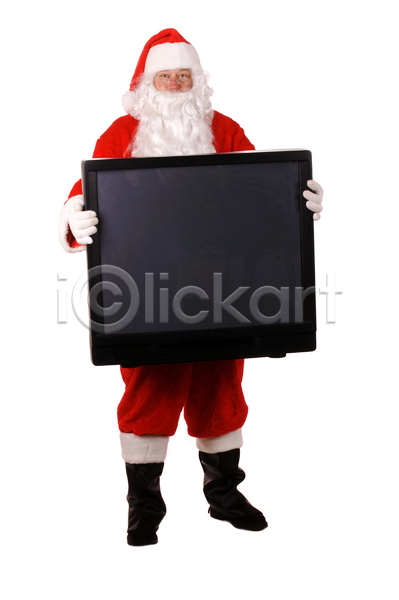 남자 중년 한명 JPG 포토 해외이미지 벨트 빨간색 산타클로스 성자 수염 안경 정장 크리스마스 텔레비전 확성기 휴가 흰색