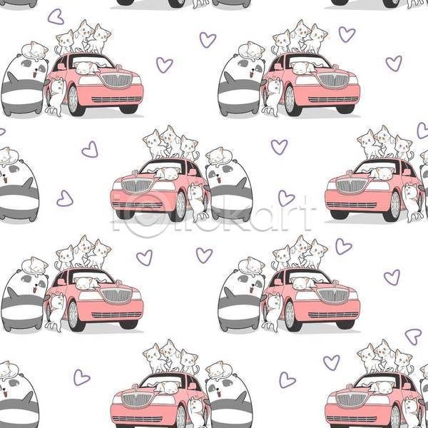 귀여움 러블리 사람없음 EPS 일러스트 해외이미지 고양이 눕기 동물캐릭터 승차 여러마리 올라탄 자동차 판다 패턴 패턴백그라운드 흰색