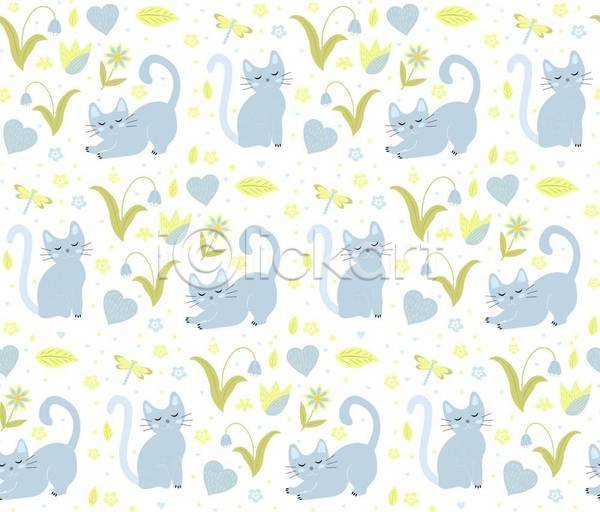 사람없음 EPS 일러스트 해외이미지 고양이 기지개 꽃 노란색 눈감음 백그라운드 잎 잠자리 점 파스텔톤 패턴 하늘색 하트