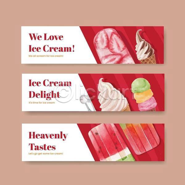 달콤 사람없음 EPS 일러스트 해외이미지 가로배너 딸기아이스크림 막대아이스크림 배너 배너세트 빨간색 세트 소프트아이스크림 수채화(물감) 스쿱 콘아이스크림 흰색