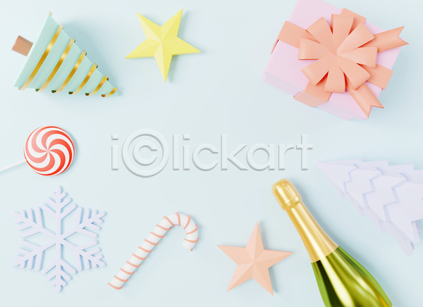 축하 사람없음 3D JPG 포토 해외이미지 디자인 별 사탕 샴페인 선물상자 엘리먼트 장식 지팡이사탕 카피스페이스 크리스마스 크리스마스트리 프레임 하늘색