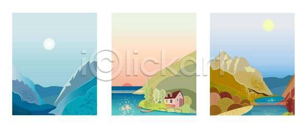 사람없음 EPS 일러스트 해외이미지 나무 달 바다 분홍색 산 세트 여름(계절) 여름풍경 주택 태양 파란색 포스터