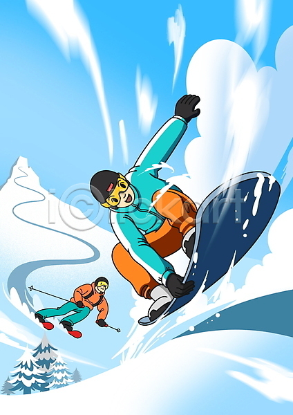 남자 두명 성인 성인남자만 PSD 일러스트 겨울 겨울스포츠 구름(자연) 들기 바람 설산 스노보더 스노보드복 스노우보드 스키 스키고글 스키복 전신 파란색 폴 헬멧