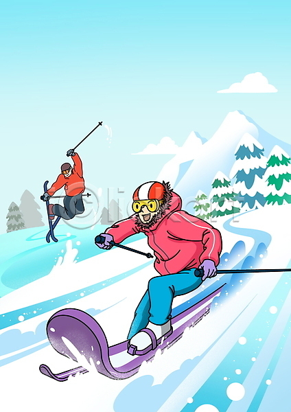 남자 두명 성인 성인남자만 PSD 일러스트 겨울 겨울스포츠 나무 들기 설산 스키 스키고글 스키복 스키장 전신 점프 폴 하늘색 헬멧