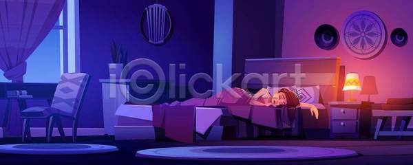 성인 성인여자한명만 여자 한명 EPS 일러스트 해외이미지 눕기 보라색 빛 스탠드 실내 야간 의자 잠 침대 파란색