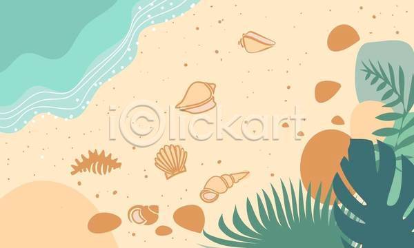 사람없음 EPS 일러스트 해외이미지 모래사장 바다 베이지색 소라 여름(계절) 여름풍경 열대잎 조개껍데기 포스터 해변