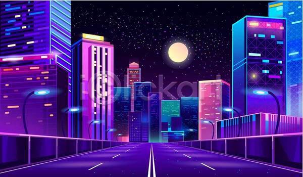 사람없음 EPS 일러스트 해외이미지 가로등 건물 달 도로 도시 도시풍경 별 보라색 빌딩 야간 야경