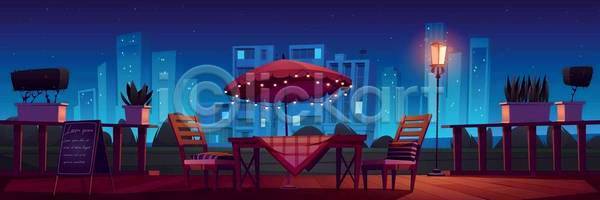 사람없음 EPS 일러스트 해외이미지 가로등 도시 도시풍경 레스토랑 식탁 야간 야경 의자 파라솔 파란색 화분