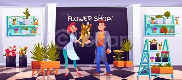 남자 성인 성인만 여자 EPS 일러스트 해외이미지 고객 구매 꽃 꽃다발 꽃집 들기 서기 선반 식물 원예 전신 주기 튤립 화분 화초