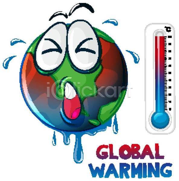 뜨거움 위험 지구온난화 사람없음 EPS 일러스트 해외이미지 기온상승 녹음(녹이기) 더위 땀흘리기 온도계 지구 찡그림 클립아트