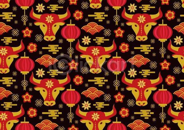 사람없음 EPS 일러스트 해외이미지 구름모양 금색 꽃 백그라운드 빨간색 소 전통 전통무늬 패턴