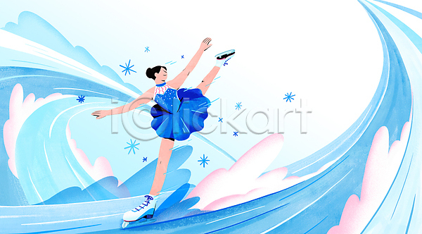 성인 성인여자한명만 여자 한명 PSD 일러스트 겨울스포츠 눈꽃 눈꽃무늬 눈송이 다리들기 동계올림픽 속도 전신 파란색 팔벌리기 포즈 피겨선수 피겨스케이터 피겨스케이팅
