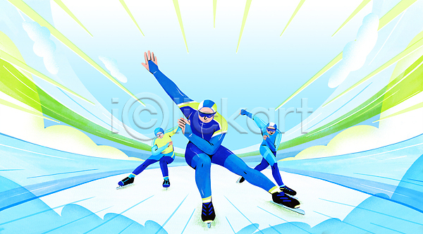 남자 성인 성인남자만 세명 PSD 일러스트 겨울스포츠 고글 구름(자연) 달리기 동계올림픽 속도 스케이트선수 스피드스케이팅 아이스링크 전신 파란색