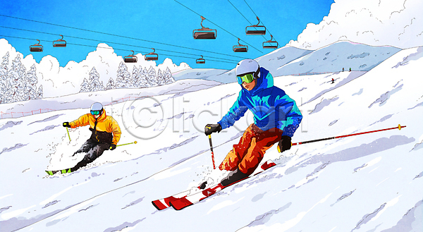 남자 두명 성인 성인만 여자 PSD 일러스트 겨울 겨울스포츠 구름(자연) 내려오기 눈(날씨) 리프트 설산 스노우보드 스키 스키고글 스키리프트 스키복 스키장 스키타기 잡기 전신 폴 하늘 헬멧