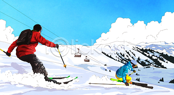 남자 두명 성인 성인남자만 PSD 일러스트 겨울 겨울스포츠 구름(자연) 내려오기 눈(날씨) 리프트 설산 스노우보드 스키 스키리프트 스키복 스키장 스키타기 잡기 전신 폴 하늘 헬멧