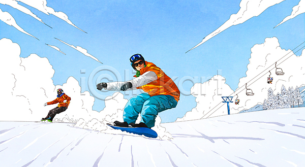 남자 두명 성인 성인남자만 PSD 일러스트 겨울 겨울스포츠 고글 구름(자연) 내려오기 눈(날씨) 리프트 스노보더 스노보드복 스노우보드 스키리프트 스키복 스키장 전신 하늘 헬멧