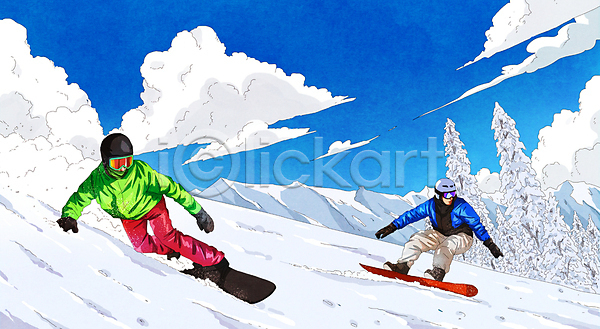 남자 두명 성인 성인남자만 PSD 일러스트 겨울 겨울스포츠 고글 구름(자연) 나무 내려오기 눈(날씨) 설산 스노보더 스노보드복 스노우보드 스키복 스키장 전신 하늘 헬멧