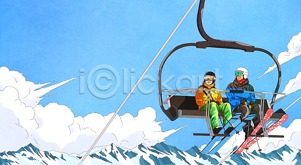 남자 두명 성인 성인만 여자 PSD 일러스트 겨울 겨울스포츠 구름(자연) 눈(날씨) 리프트 설산 스노우보드 스키 스키리프트 스키복 스키장 앉기 전신 폴 하늘 헬멧