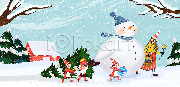 상상 즐거움 행복 남자 성인 소녀(어린이) 소년 어린이 여러명 여자 PSD 상상일러스트 일러스트 나무 나뭇가지 눈(날씨) 눈덮임 눈사람 당기기 동화 들기 바구니 별 오너먼트 주택 크리스마스장식 크리스마스트리 하늘색