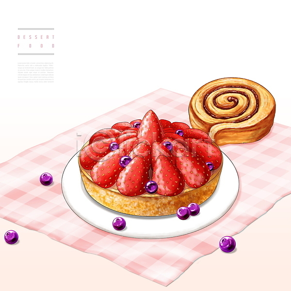 사람없음 PSD 일러스트 디저트 딸기 딸기타르트 롤빵 분홍색 블루베리 시나몬 식탁보 접시