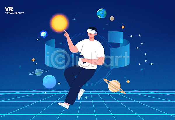 남자 성인 성인남자한명만 한명 AI(파일형식) 일러스트 VR기기 가리킴 가상현실 다리들기 들기 리모컨 별 별자리 우주 전신 지구 태양 터치 토성 파란색 행성