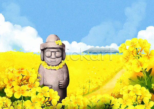 사람없음 PSD 일러스트 구름(자연) 꽃목걸이 노란색 돌하르방 봄 섬 유채 유채밭 제주도 풍경(경치) 하늘 하늘색