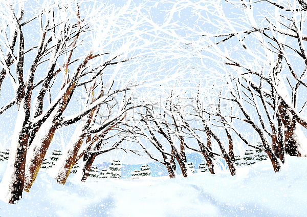 사람없음 PSD 일러스트 겨울 나무 눈(날씨) 눈꽃 눈덮임 도로 설경 숲 제주도 풍경(경치) 흰색