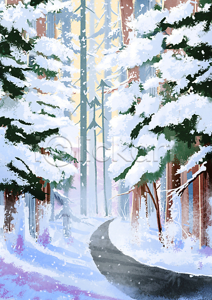 사람없음 PSD 일러스트 겨울 나무 눈(날씨) 눈덮임 도로 숲 숲길 제주도 풍경(경치) 흰색