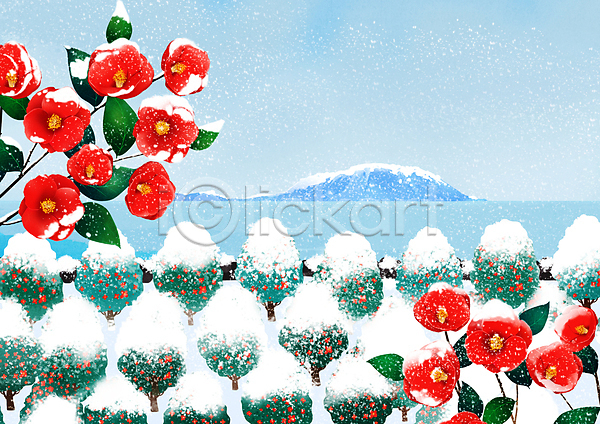 사람없음 PSD 일러스트 눈(날씨) 눈덮임 동백 동백나무 섬 제주도 풍경(경치) 하늘색