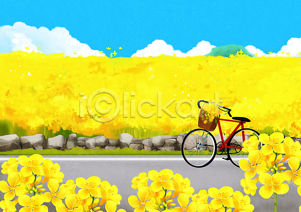 사람없음 PSD 일러스트 구름(자연) 노란색 도로 유채 유채밭 자전거 제주도 풍경(경치)
