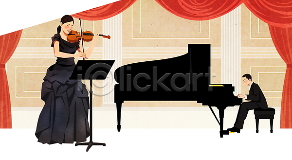 클래식 남자 두명 성인 성인만 여자 PSD 일러스트 공연 들기 무대 바이올리니스트 바이올린 베이지색 보면대 서기 앉기 연주 전신 커튼 피아노(악기) 피아니스트