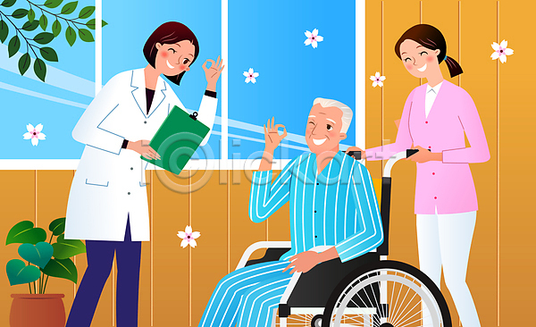 노인복지 남자 노년 성인 세명 여자 AI(파일형식) 일러스트 OK 간호사 꽃 사회복지사 상반신 앉기 윙크 의료비 의사 지원 창문 할아버지 화분 환자 휠체어