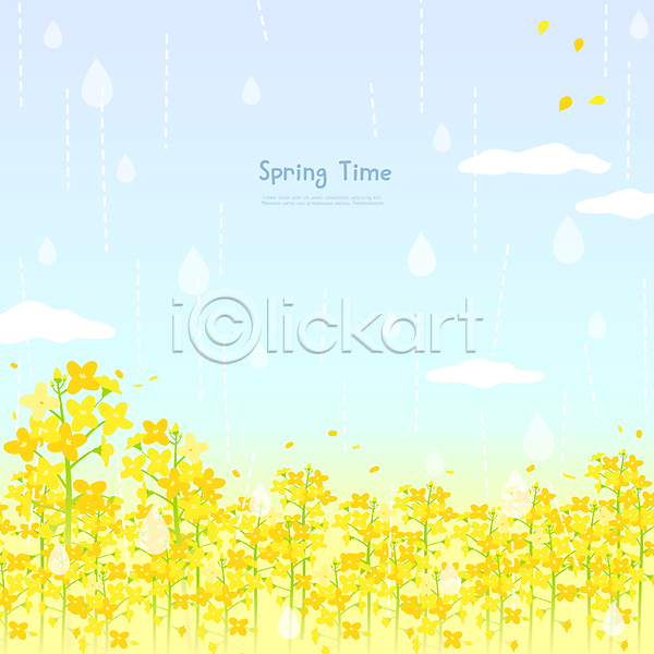 사람없음 AI(파일형식) 일러스트 구름(자연) 노란색 봄배경 봄비 비(날씨) 빗방울 유채 유채밭 하늘색