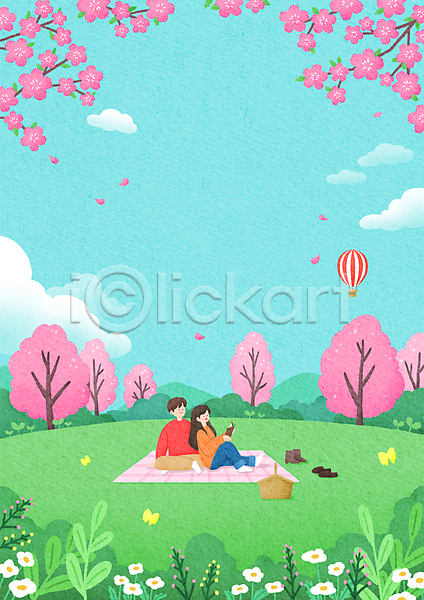 남자 두명 성인 성인만 여자 PSD 일러스트 구름(자연) 꽃잎 나뭇가지 나비 돗자리 들기 벚꽃 벚나무 봄 소풍 소풍바구니 앉기 연두색 열기구 전신 책 커플 하늘색