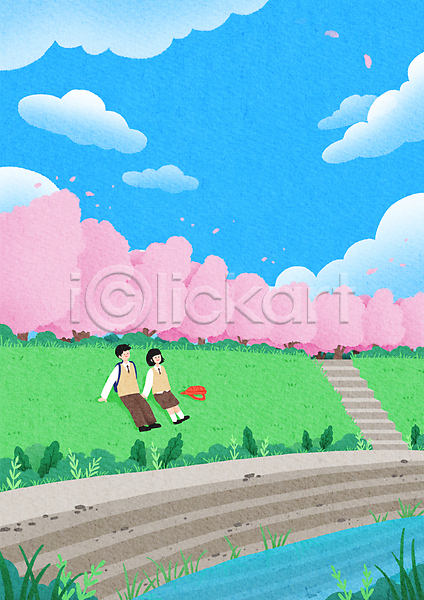 휴식 남자 두명 십대만 여자 청소년 PSD 일러스트 가방 강 계단 교복 구름(자연) 꽃잎 벚꽃 봄 분홍색 산책로 앉기 자연 전신 커플 하늘 하늘색 학생