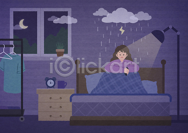 우울감 성인 성인여자한명만 여자 한명 PSD 일러스트 달 들기 먹구름 번개 보라색 불면증 비(날씨) 스마트폰 스탠드 앉기 옷걸이 자명종 전신 초승달 침대 컵