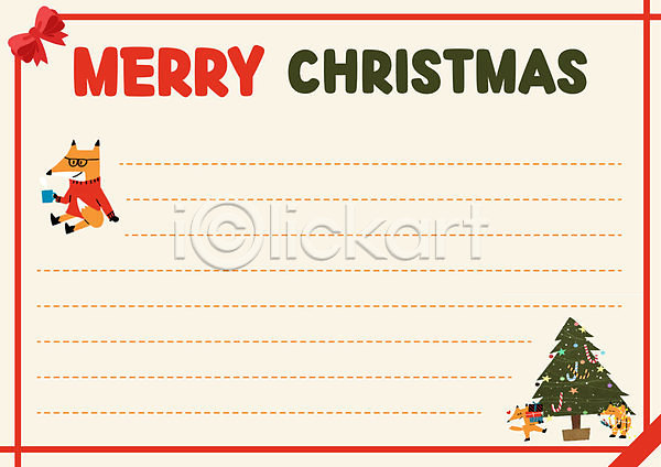 사람없음 AI(파일형식) 일러스트 프레임일러스트 교육 동물캐릭터 리본 빨간색 세마리 스쿨팩 에듀 에듀케이션 여우 연분홍색 크리스마스 크리스마스트리 편지지 프레임