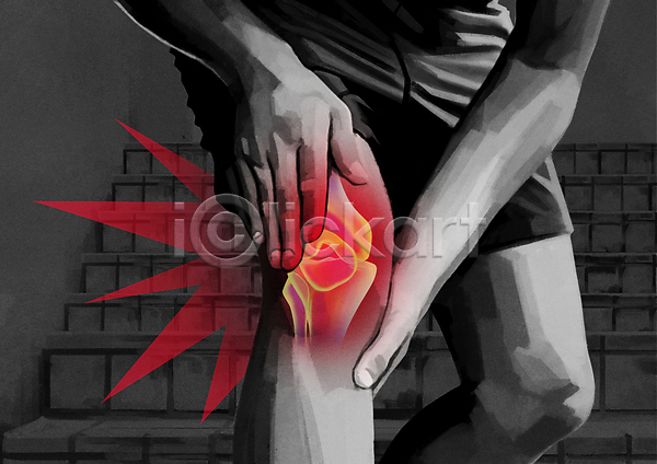고통 남자 성인 성인남자한명만 한명 PSD 일러스트 감싸기 계단 관절 관절뼈 다리(신체부위) 무릎 무릎통증 잡기 하반신 회색