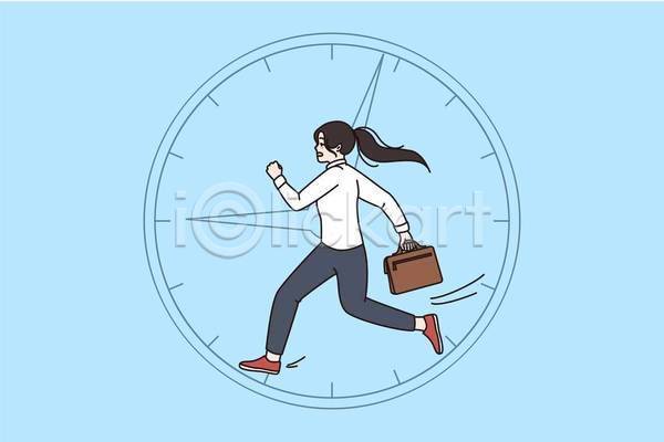성인 성인여자한명만 여자 한명 EPS 일러스트 해외이미지 달리기 들기 라이프스타일 바쁜일상 바쁨 비즈니스우먼 서류가방 시계 일상 하늘색