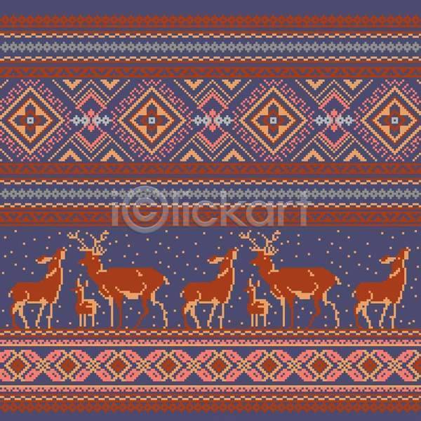 사람없음 EPS 일러스트 해외이미지 갈색 뜨개질 미술 백그라운드 사슴 순록 스타일 여러마리 자수 직물 크리스마스 파란색 패턴