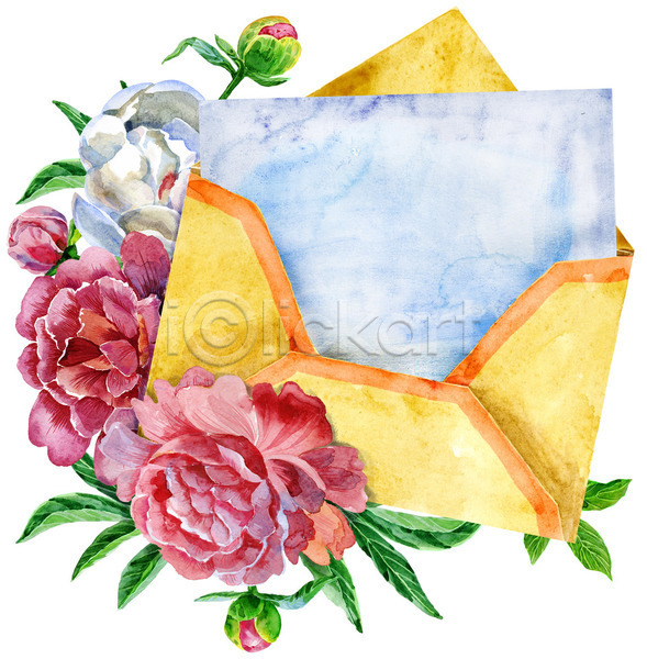 사람없음 JPG 일러스트 포토 해외이미지 꽃 봉투 수채화(물감) 오픈 작약 편지