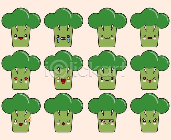 신선 사람없음 EPS 아이콘 일러스트 해외이미지 감정 만화 브로콜리 비건 세트 이모티콘 초록색 캐릭터 표정