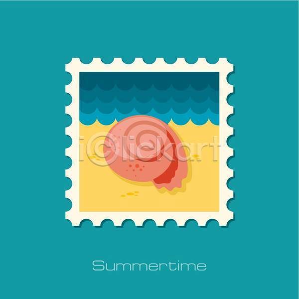 사람없음 EPS 일러스트 해외이미지 노란색 여름(계절) 우표 조개껍데기 파란색 해변