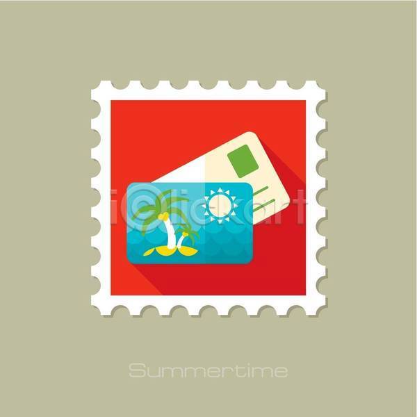 사람없음 EPS 일러스트 해외이미지 빨간색 야자수 우표 카드(감사) 태양 파란색