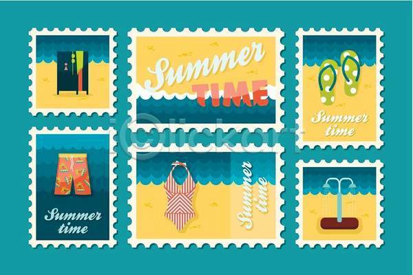 사람없음 EPS 일러스트 해외이미지 노란색 비키니 샤워기 세트 수영복 여름(계절) 우표 쪼리 파란색 해변