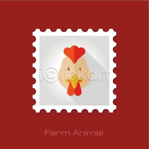 사람없음 EPS 일러스트 해외이미지 닭 머리 베이지색 빨간색 우표 한마리 흰색
