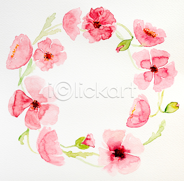 사람없음 JPG 일러스트 포토 해외이미지 그림 꽃 분홍색 손그림 수채화(물감) 원형 카피스페이스 프레임
