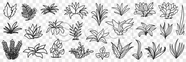 사람없음 EPS 일러스트 해외이미지 낙서 다양 두들링 라인아트 세트 손그림 식물 잎 종류 풀(식물)