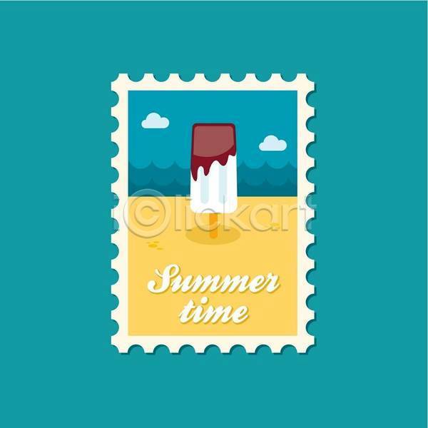 달콤 사람없음 EPS 일러스트 해외이미지 구름(자연) 노란색 막대아이스크림 여름(계절) 우표 파란색